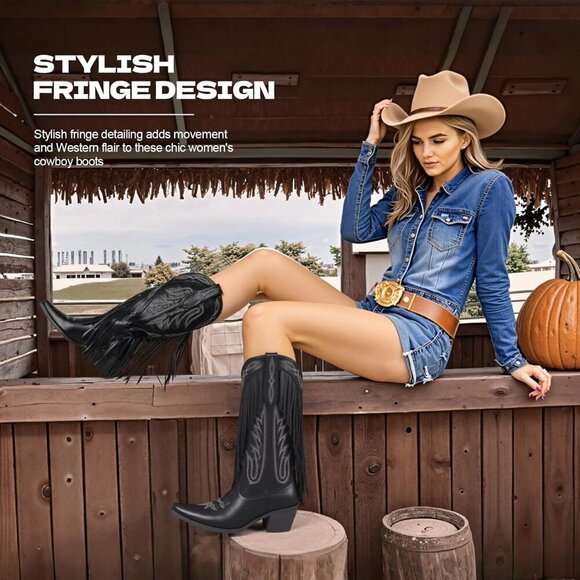 Cowboy Boots for Women Retro Pointed Toe Pull On Block Chunky Heel Embroided - Picture 4 of 8